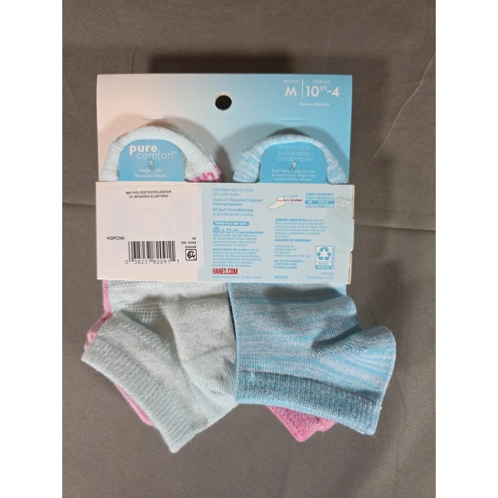 Hanes Premium Pure Comfort‎ Girls' 6pk No Show Socks - M 10.5-4 6 PAIRS